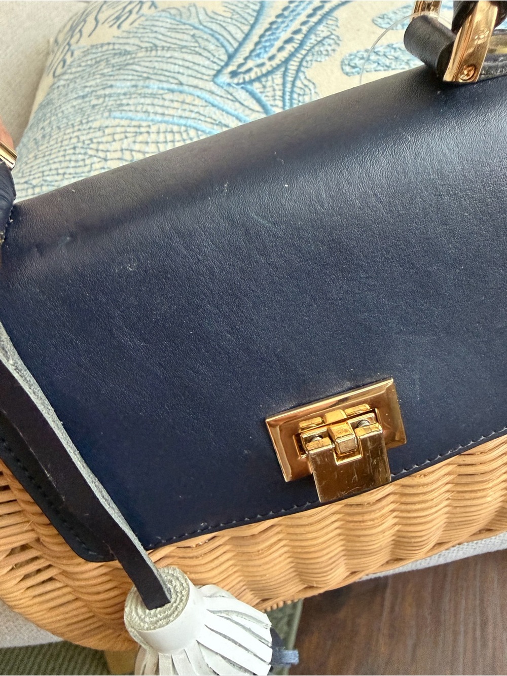 Woven Rattan Crossbody Bag with Blue Leather like Flap - Picture 7 of 8